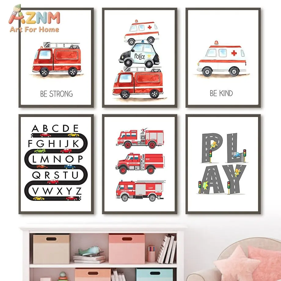 AZNM Watercolor Fire Truck Police Car Ambulance Canvas Wall Art Print, Alphabet Inspirational Quote Nursery Poster for Boys Room
