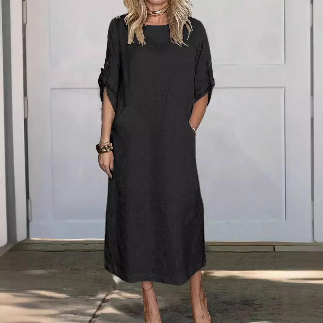 Damska bawełniana lniana długa sukienka z podwójnymi kieszeniami Monochromatyczna sukienka retro z okrągłym dekoltem Wiosna Lato Nowy Casual Lady Robe — zdjęcie 3