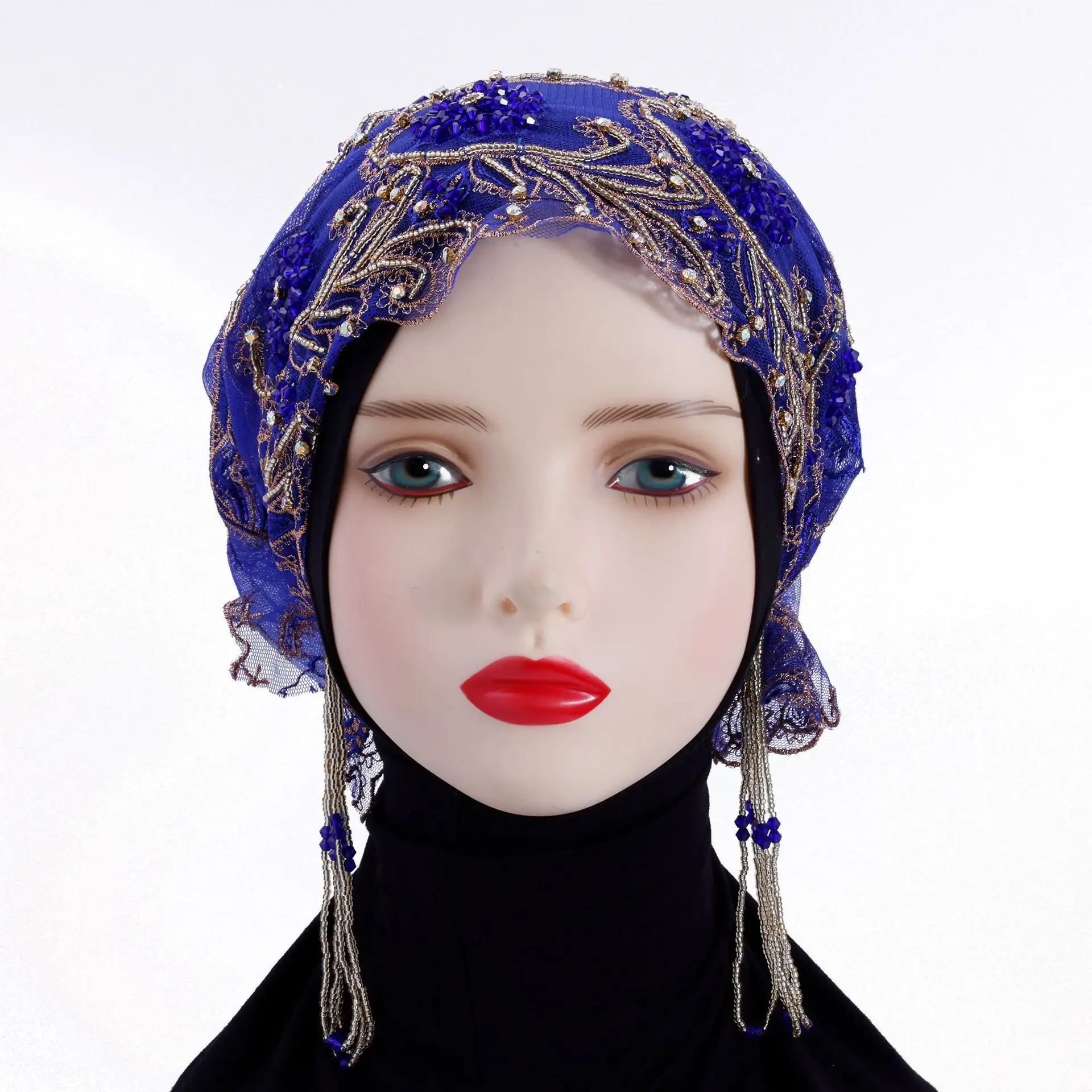 

Роскошный кружевной нижний платок с бусинами, шляпа-хиджаб, женская мусульманская внутренняя кепка с кисточками, платок с вышивкой, шапочки, капот, головной убор для свадебной вечеринки