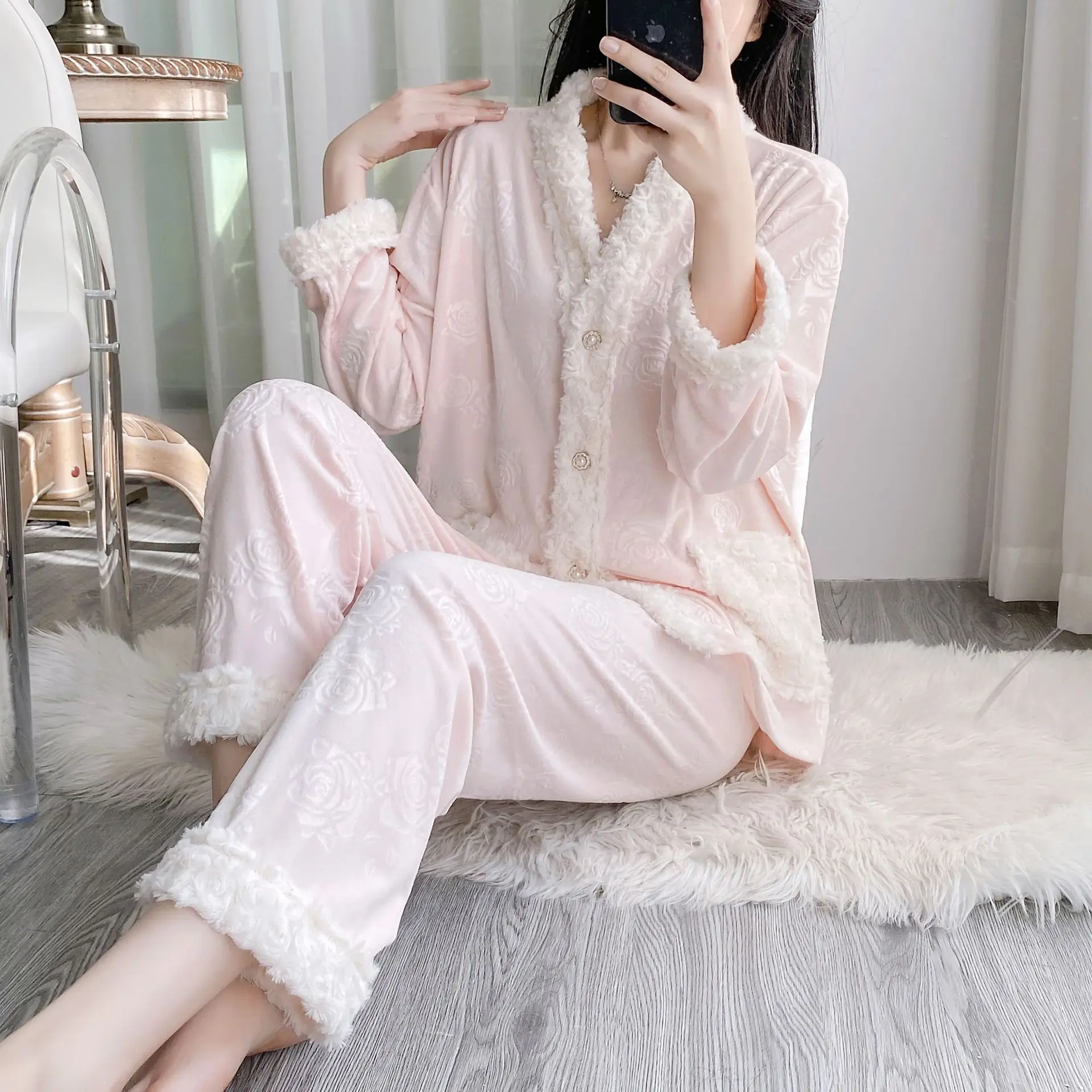 

Island Velvet 2PCS Pajamas Sexy Lady Long Sleeve Pants Sleepwear Suit Homewear Autumn Winter Luxury Loungewear Trousers Set Pjs