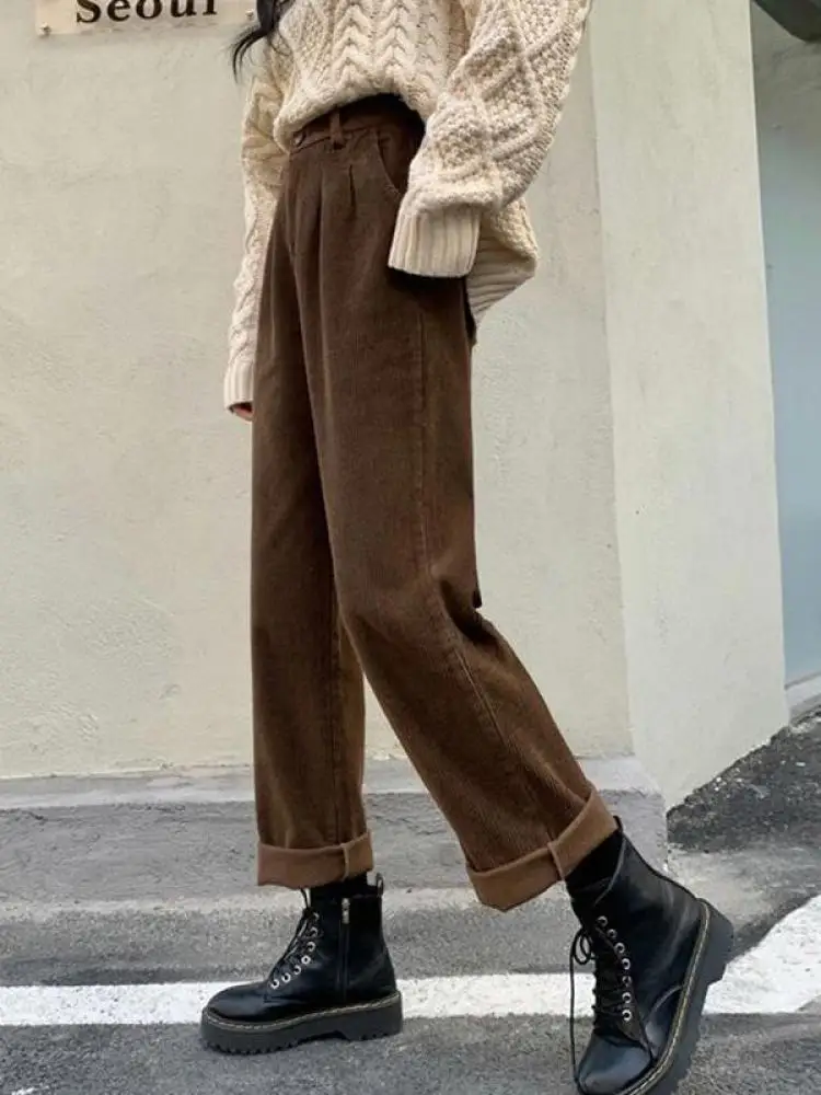 zjaiss Vintage Corduroy Pants High Waist Spring Straight Trousers Causal Pockets All Match Female Black Korean Pants