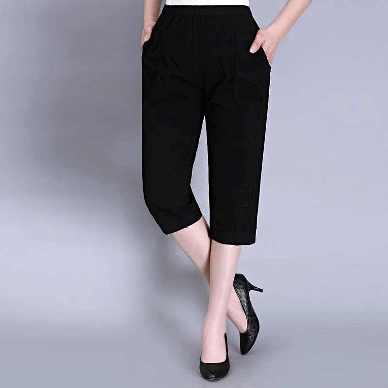 

Middle Aged Women Cotton Pants Korean Fashion Solid Loose Straight Calf Length Pants Casual Summer Female Embroidery Capris