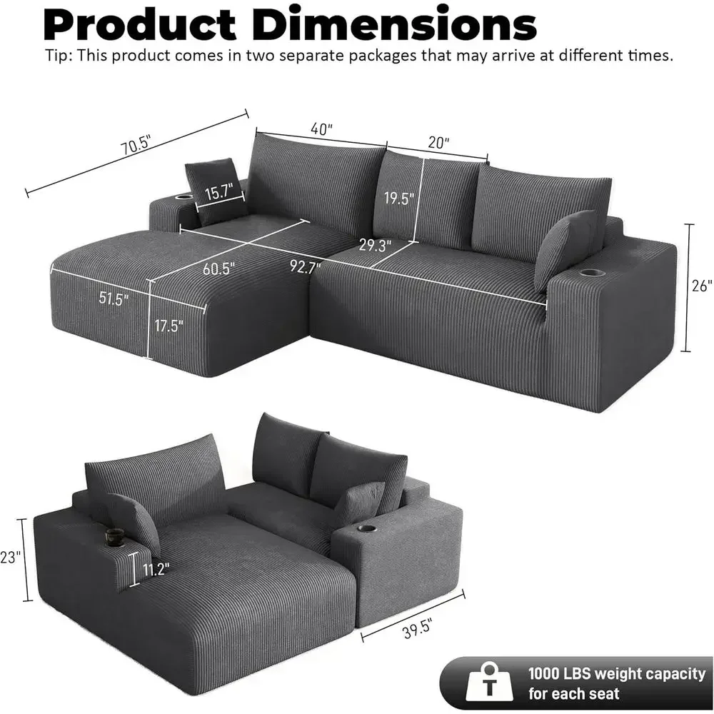 Luxury Deep Seated L-Shaped Sofa with Cup Holders in Grey Corduroy for Living and Bedroom Spaces