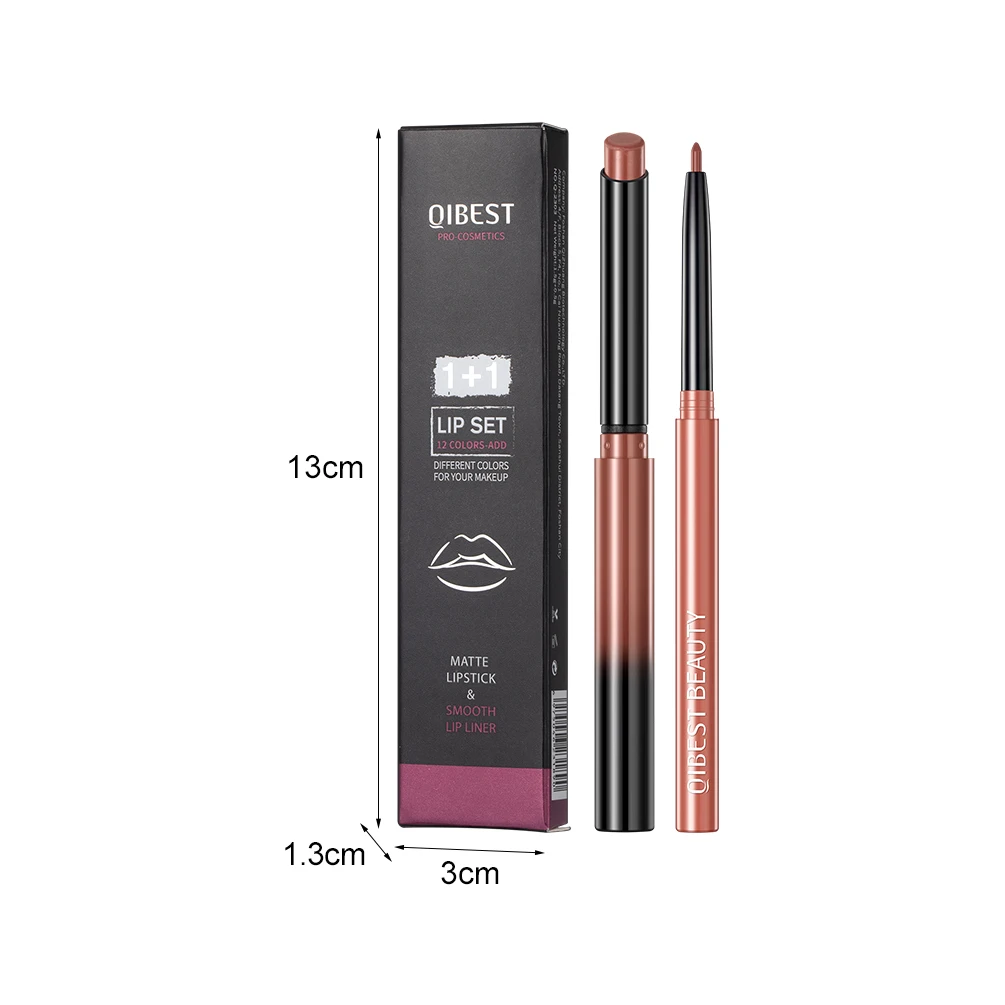 QIBEST 2pcs Lipstick Lipliner Pen Set Matte Nude Lip Liner Pencil Waterproof Long Lasting Lipstick Pen Contour Makeup For Women