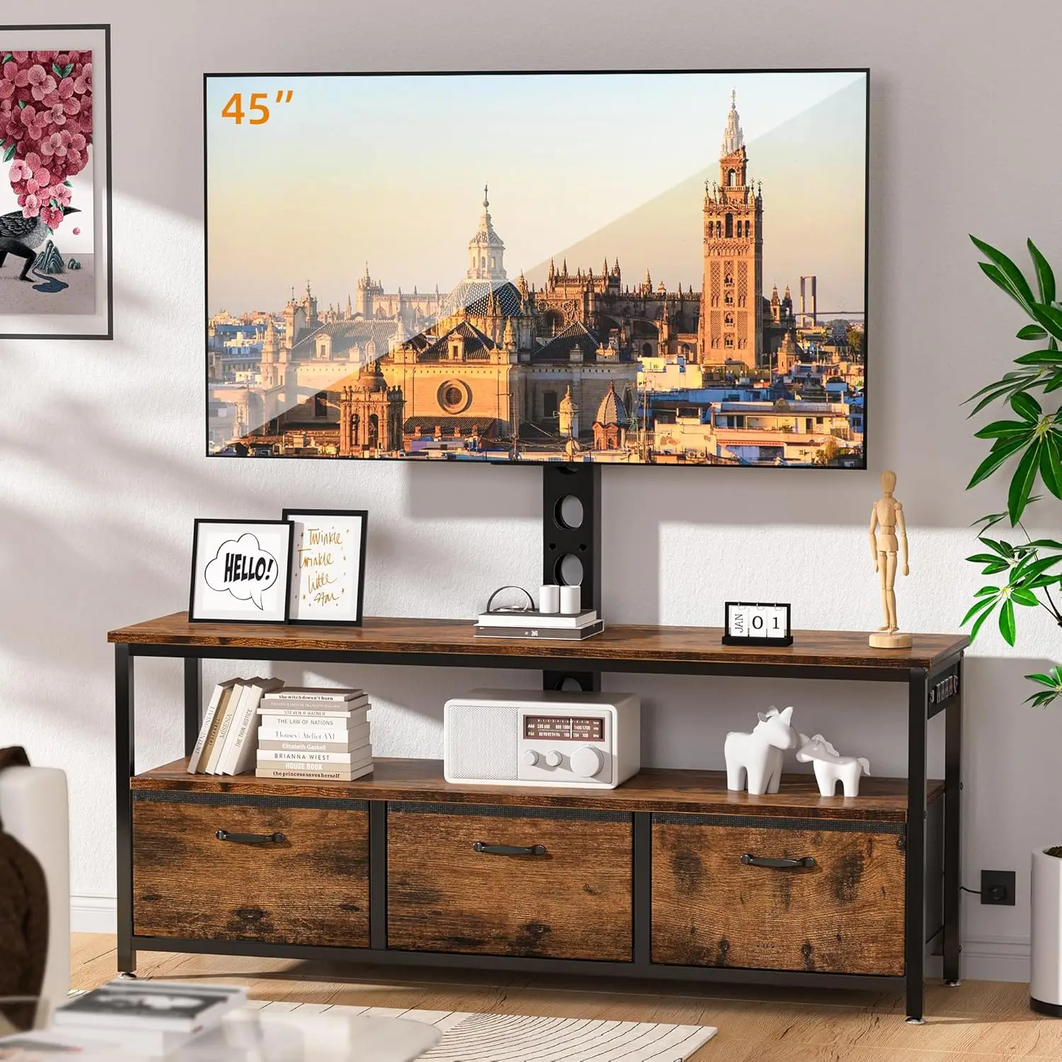 Stand with Mount and Power Outlet, Swivel TV Stands Mount with LED Lights for 32/45/55/60/65 inch TVs, Entertainment Center w