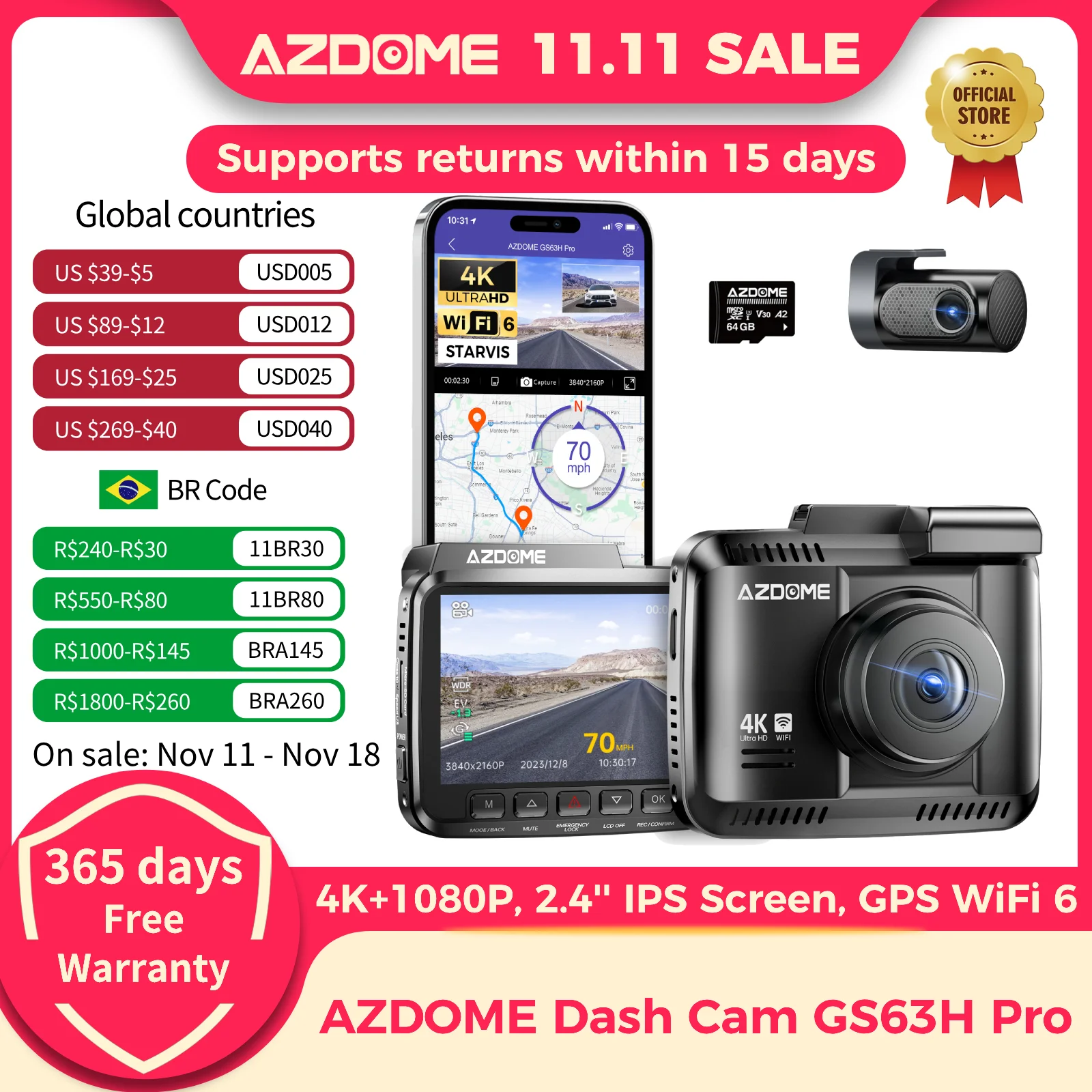 AZDOME Dash Cam GS63H Pro 4K+1080P Dual-channel Record 2.4'' IPS Screen GPS WiFi 6 APP 130° FOV Car DVR 24H Parking Monitor