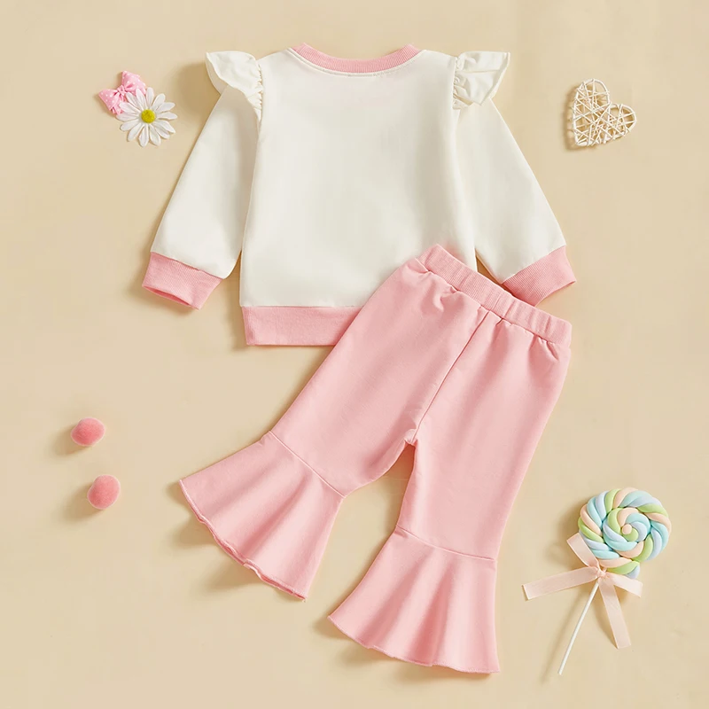 Baby Toddler Girl Valentines Day Clothing Outfit Heart Letter Ruffle Long Sleeve Sweatshirt Solid Flare Pants 2 Pcs Set