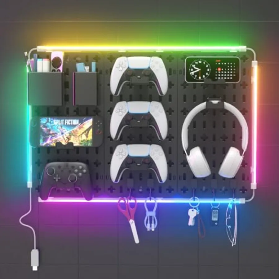 9 in 1 RGB Gaming Wall Organizer Peg Board - DIY Pegboard Combination Kit with Phone Stand/Pen Holder/Storage Box/Headset and C
