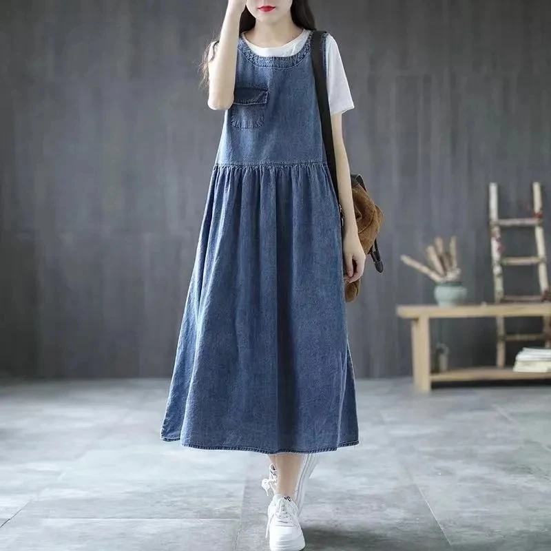 

Summer Women Denim Sleeveless Dress Female Blue Tank Casual Dresses for Women Long Dress Clothing with Pockets