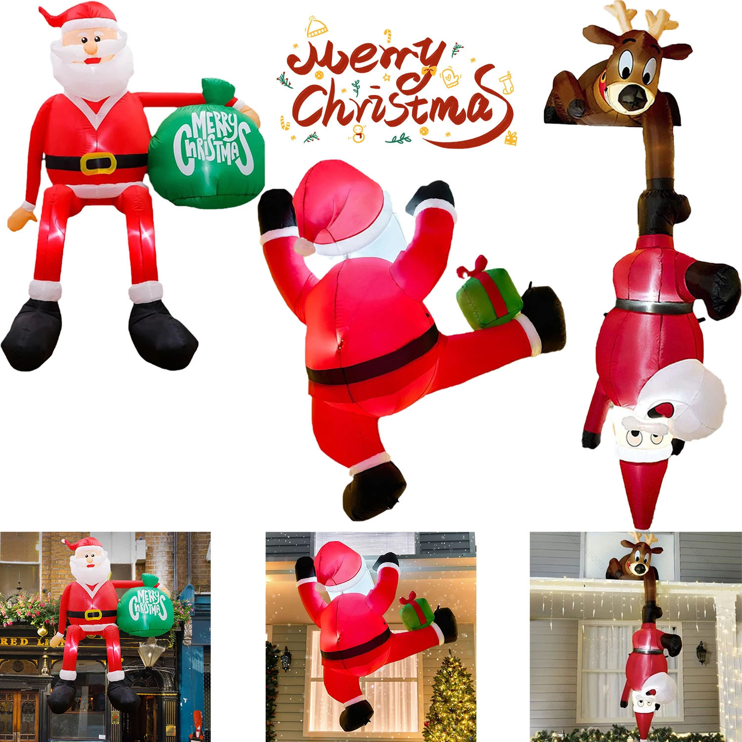 Christmas Inflatables Climbing Window Santa Outdoor Decorations Elk Deer Holiday Decoration Props with LED for Blow Up Yard Xmas