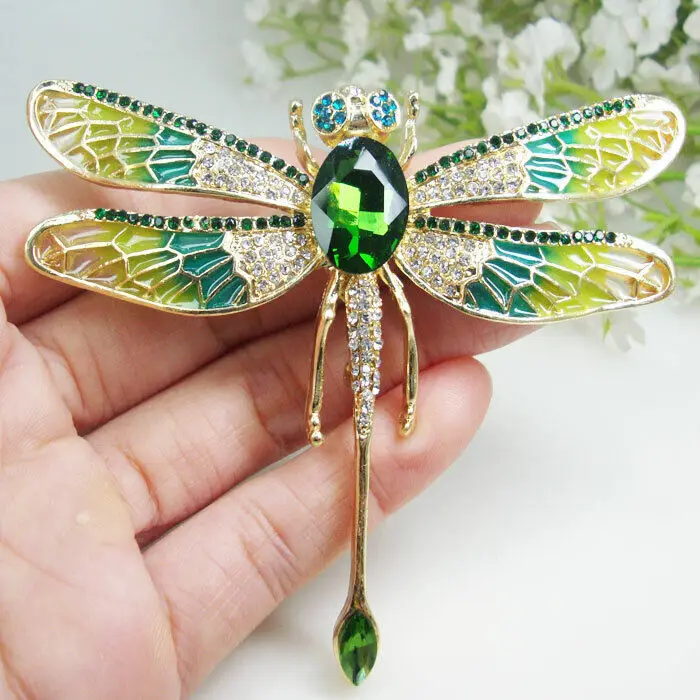 

Gold Tone Vintage Green Crystal Rhinestone Dragonfly Insect Pendant Brooch pin