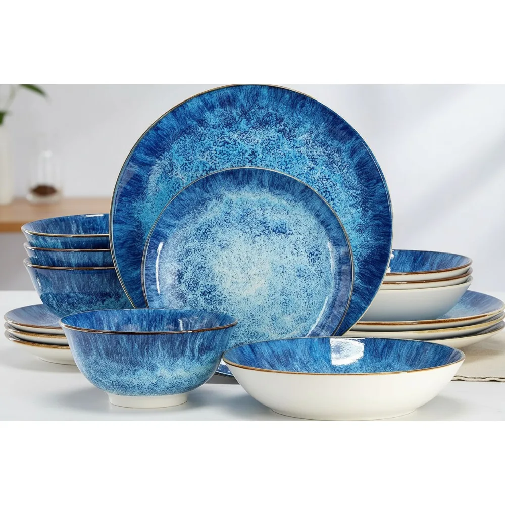 

16-Piece Blue Porcelain Dinnerware Set for 4, Elegant Double Bowl Tableware with Coastal Charm
