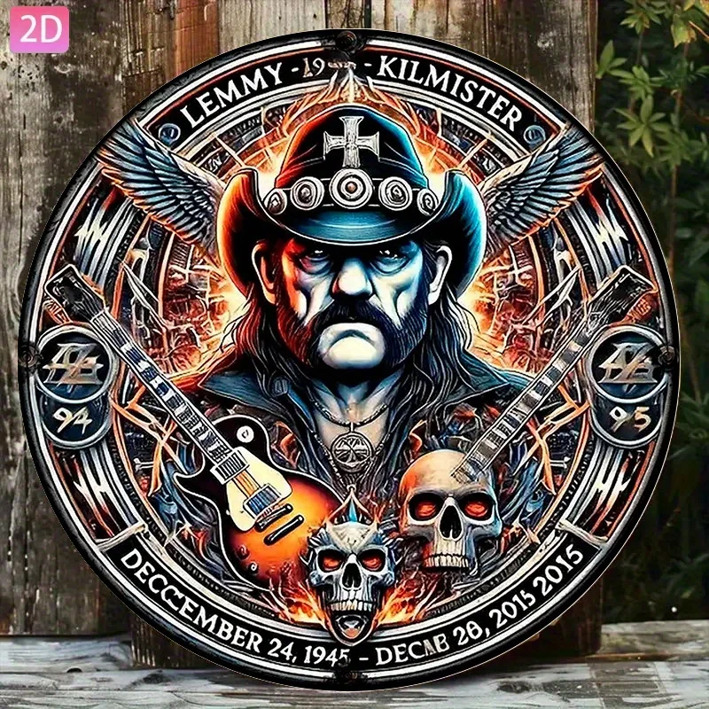 2D Vintage Lemmy Kilmister Metall-Wandkunst-Schild - Aluminium-Dekoration mit Filigranem Totenkopf- und Gitarren-Design, Perfekt für Garagendekoration