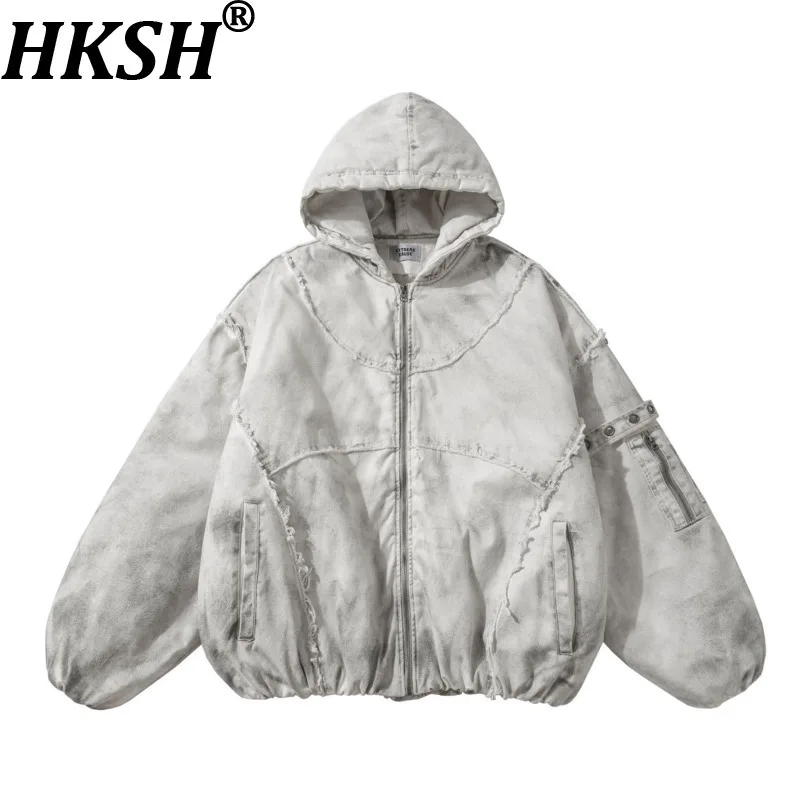 

HKSH Autumn Winter New Women Padded Coat Hooded Contrast Color Zipper Pocket Distressed Vintage Streetwear Cotton Jacket HK12894