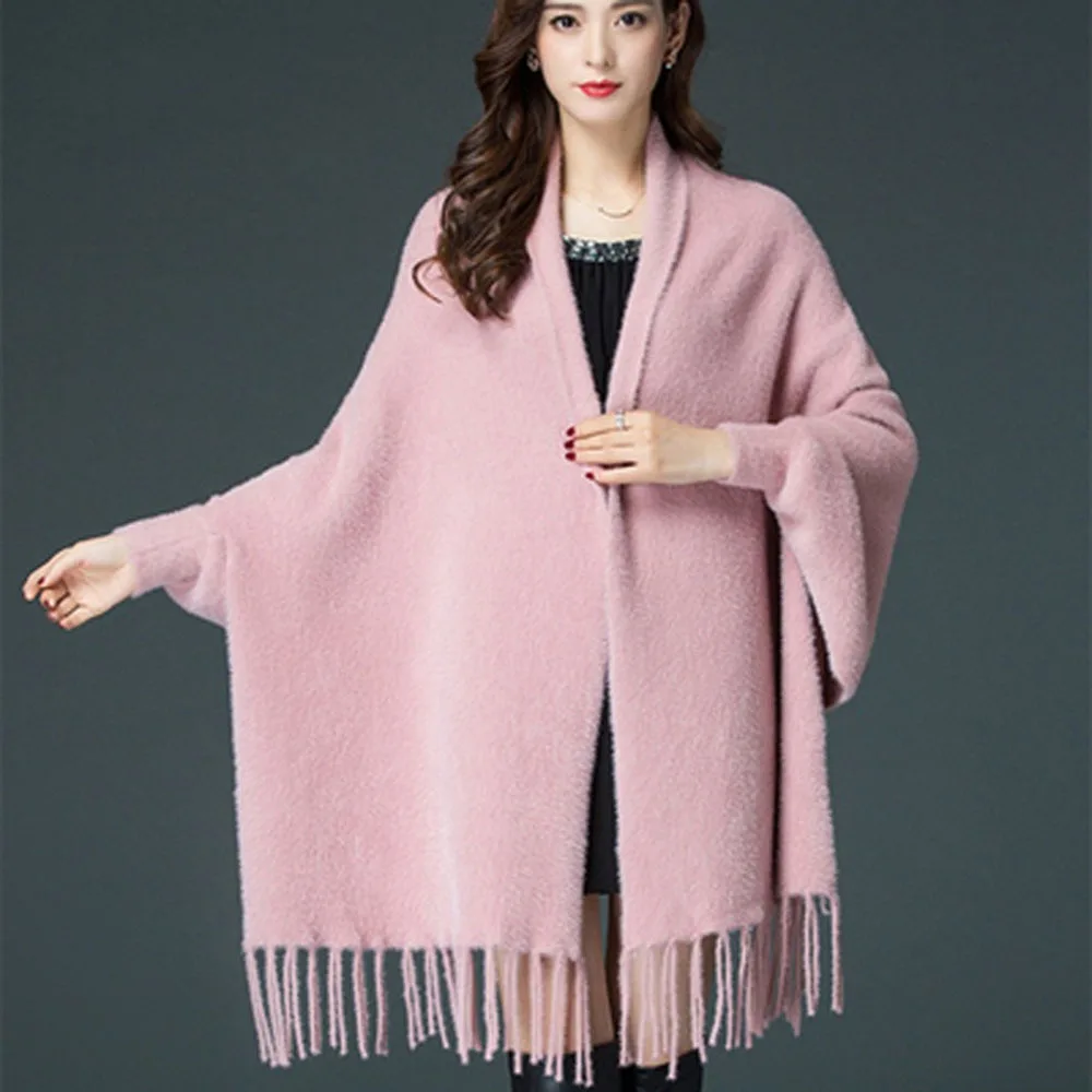 Autumn Winter Bat Sleeves Cloak Shawl Women\'s Faux Mink Velvet Poncho Sweater Long Cardigan Fashion Tassel Cloak Thicken Capes