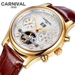 CARNIVAL New Fashion Tourbillon Mechanical Watches Outdoor Sports Men Watch Genuine Leather Waterproof Clock Luxury Gold Case