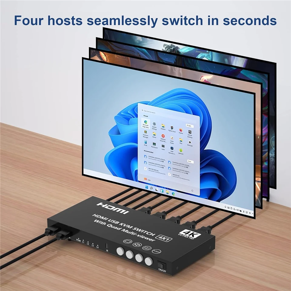 Navceker 4K HDMI KVM Switch 4x1 Quad Multi Viewer 4 in 1 Out KVM HDMI Screen Multiviewer Seamless for 4 PC Share Mouse Keyboard