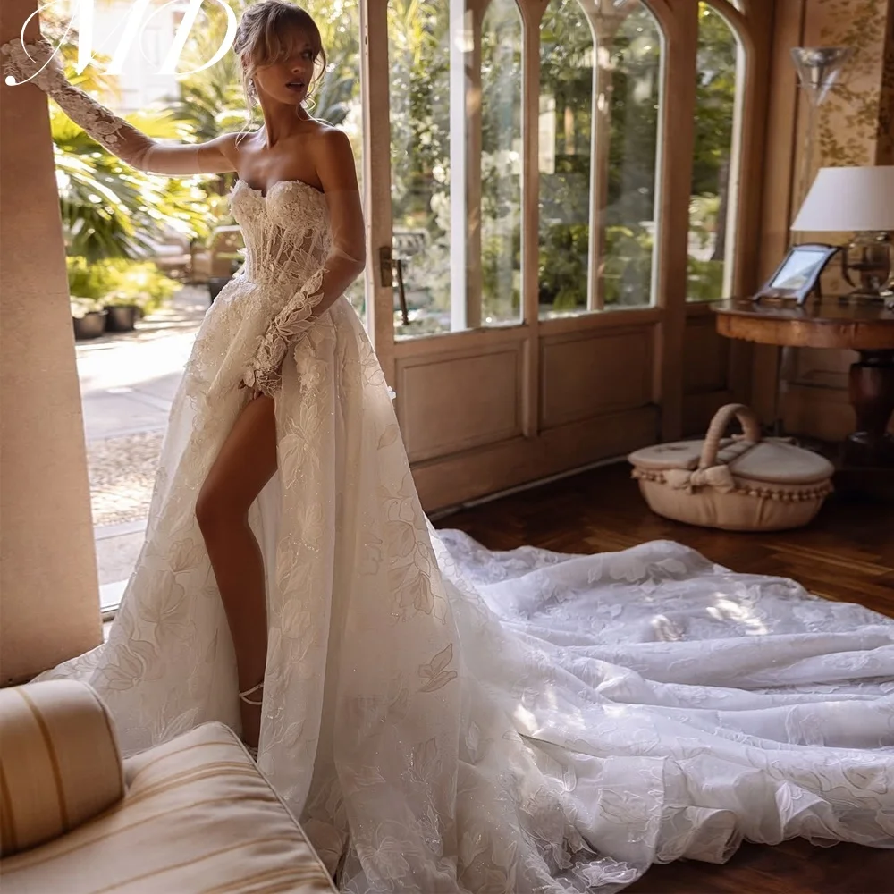

MD Exquisite Glitter Beads Wedding Dress Detachable Sleeve Off Shoulder Lace Appliques 3D Flower Bridal Gown Customized Dresses