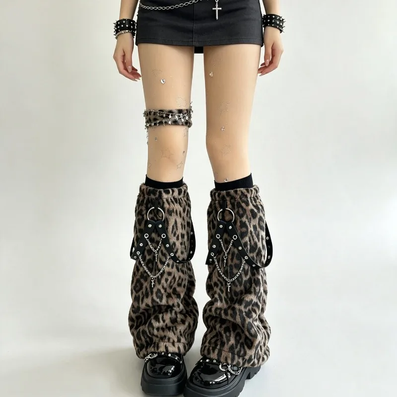 Y2K Punk Leopard Faux Fur Leg Warmers for Women, Alternative Flared Leg Cuffs with Rivet Strap & Cross Chain, Gothic Boot Covers - view 3