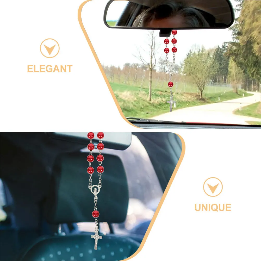 

2Pcs Car Rosary Rearview Mirror Auto Hanging Accessories Cross Pendant Catholic Beads Metal Red Spiritual Decor for Women Men