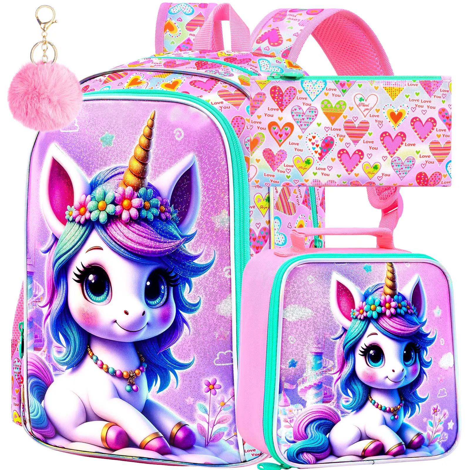 

Рюкзак с единорогом, 3 шт., детская сумка для книг для девочек 16 дюймов с коробкой для завтрака, сумка для начальной школы для малышей в детском саду дошкольного возраста (розовый)