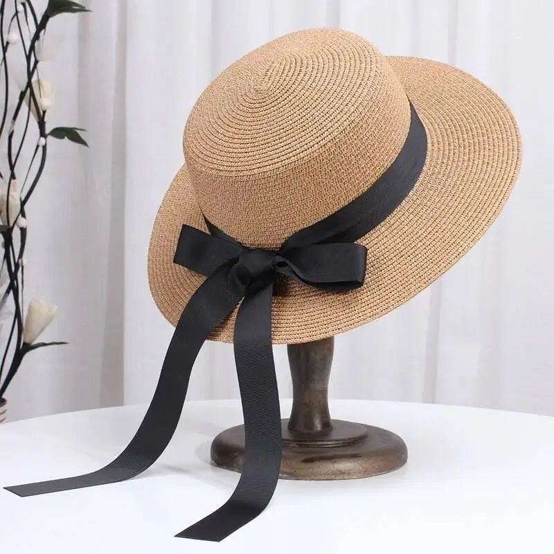 

Korean Natural Raffia Wide Birm Sun Hat Daily Casual Falt Straw Hat Black White Bow Weave uv blocking Beach Hat Vacation Panama