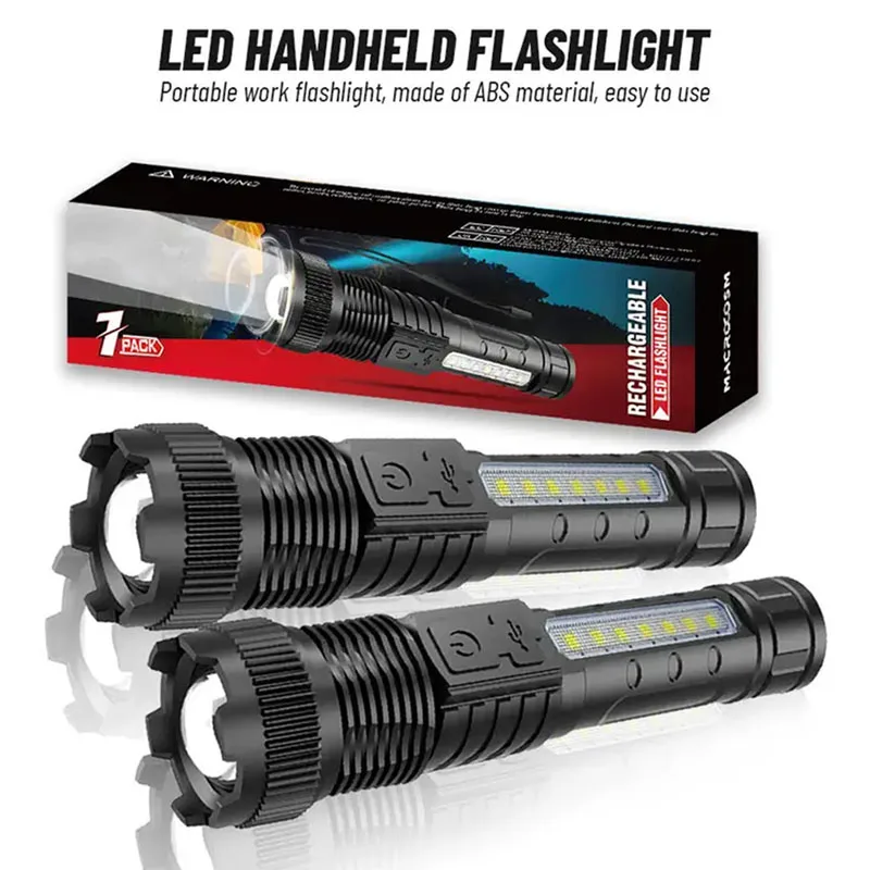 2pcs Powerful LED Flashlight 99000LM Telescopic Zoom Tactical Torch Cob Side Light Outdoor Waterproof Night Fishing Light