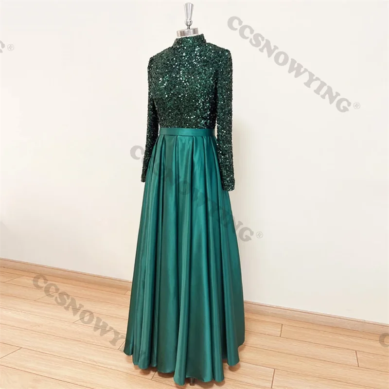 Satin Sequin Long Sleeve Muslim Evening Dresses Islamic High Neck Hijab Formal Party Gowns Women Arabic Dubai Robes De Soirée