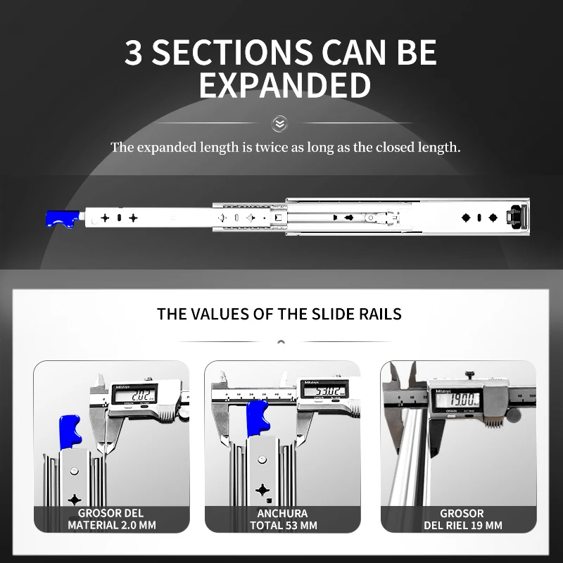 

WASHINGST Industrial Heavy Duty Drawer Rails 53mm Slides Locking 120 3-Section Full Extension Retractable Furniture Load-Bearing