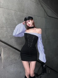 Woman  American Style Vintage Off Shoulder Lace Up Sexy Dress New Streetwear Casual Y2k Mini Dress Patchwork Fashion Slim Dress