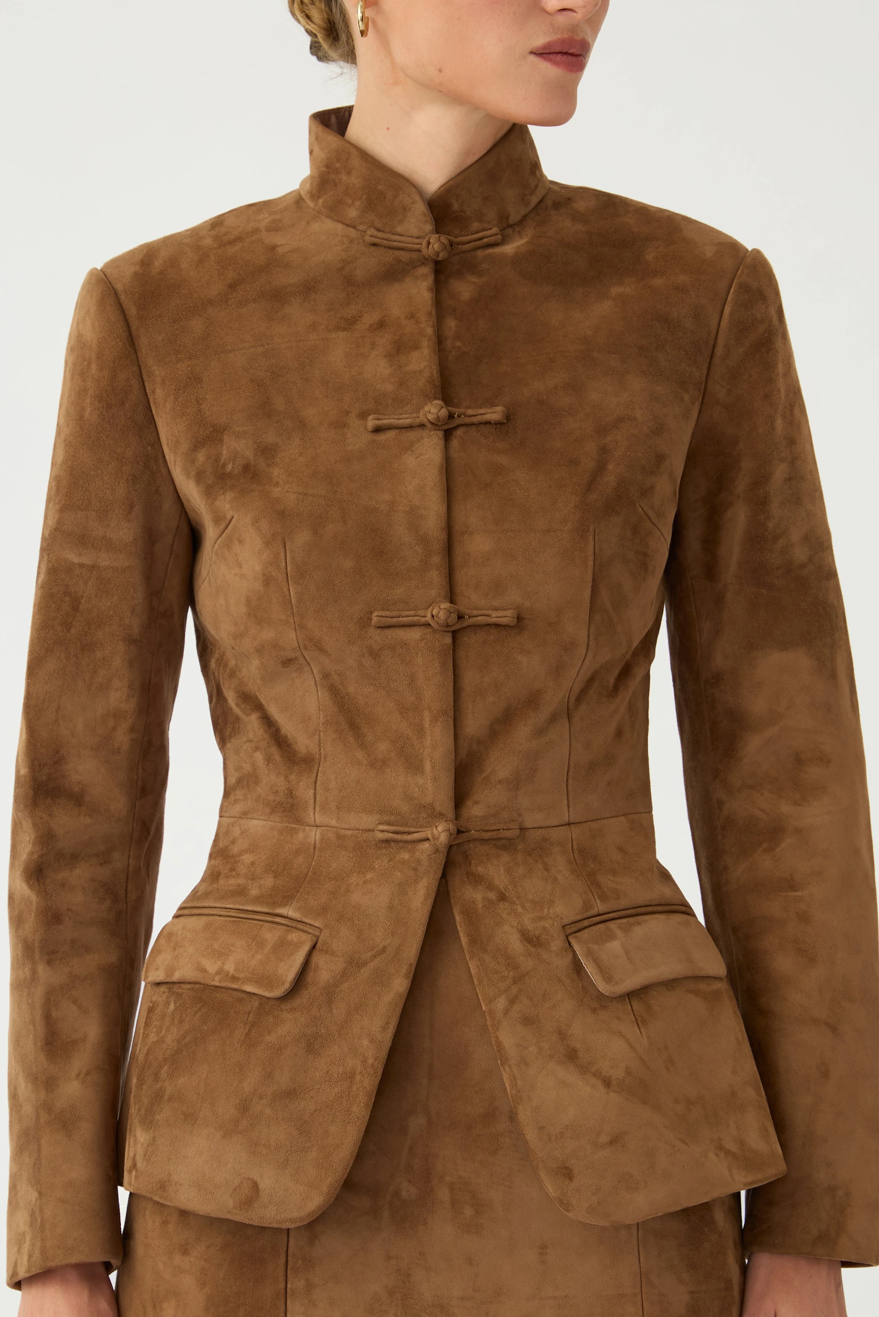 IG Women Suede Fitted Stand Collar Jacket,  Button Closure, Long Sleeve With Pockets, Vintage Elegant Slim Outerwear