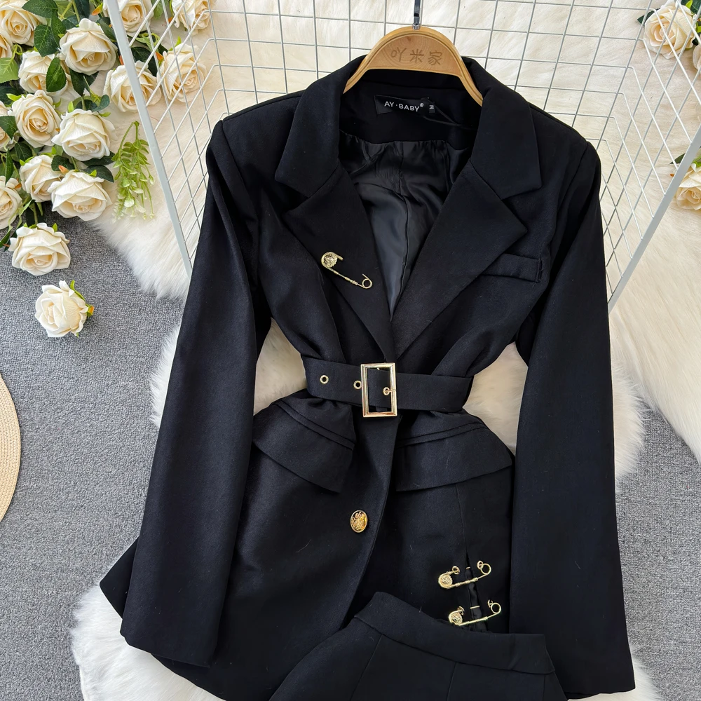 Fashion Two Piece Shorts Set Vintage Streetwear Mid length Jacket Wrapped Suit Coat High Waist Slim Wide Leg Shorts