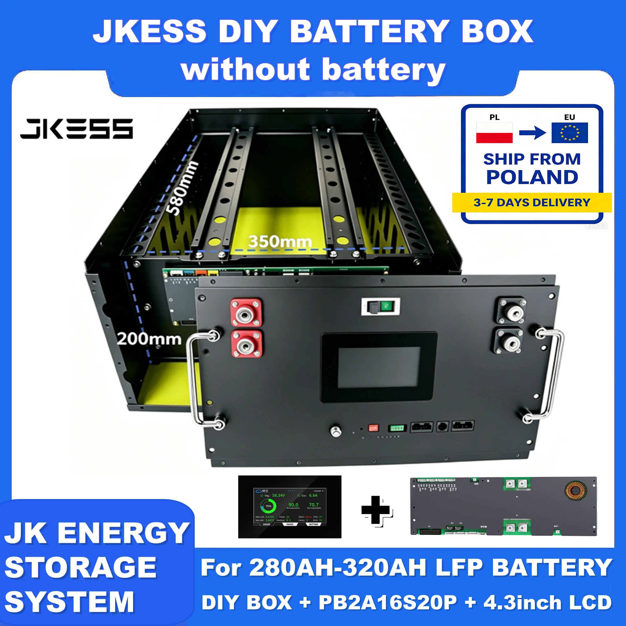 JKESS DIY BOX JK Wechselrichter BMS PB2A16S20P V19 4.3 LCD 16S 48V 15KWH LiFePO4 Batteriebox für EVE CATL 280 310AH Solar-Heimenergiesystem