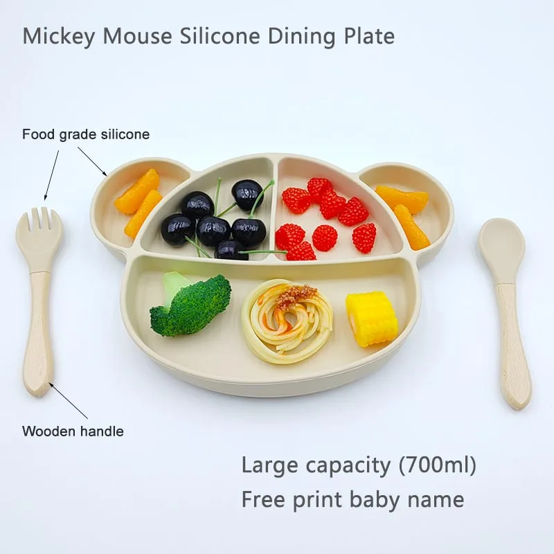 Silicone Feeding Plates Dishes For Baby Cartoon Mickey Mouse Suction Cup Plates With Lid  Personalized Name Children\'s Tableware