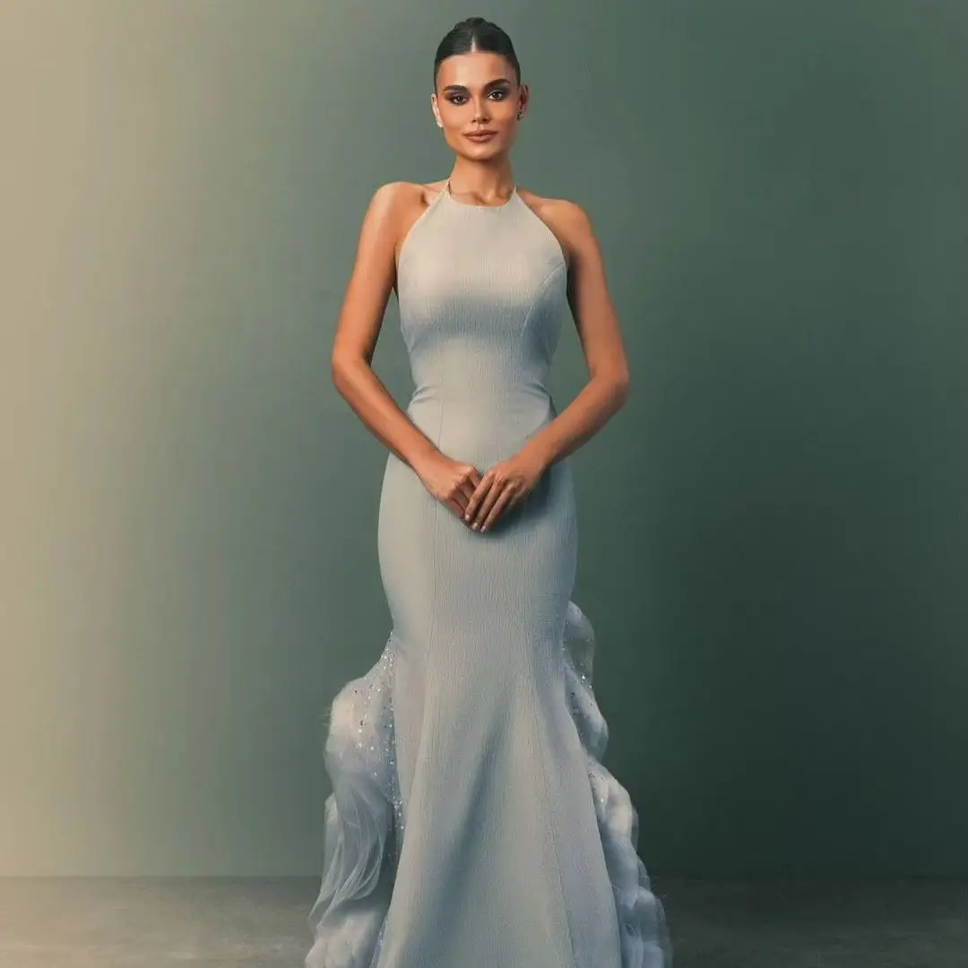 Vestido sin mangas Hatlter personalizado con votos de talla grande con dobladillo doblado con volantes de Godet vestido de fiesta de sirena vestidos de noche formales de princesa
