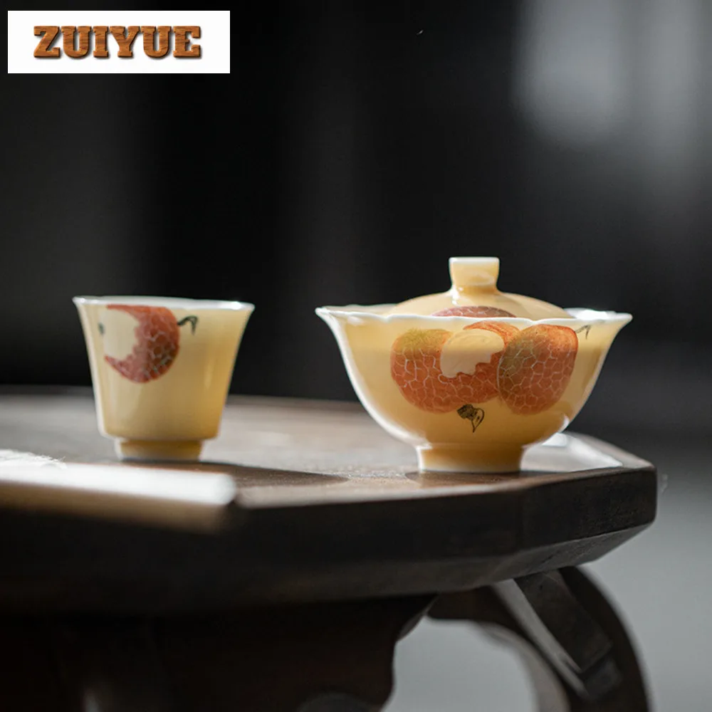 120ml Apricot Yellow Cover Bowl Hand Painted Lychee Bowl Anti Scald Gaiwan Elegant Tea Tureen Tea Cup Chinese Tea Set Ornaments