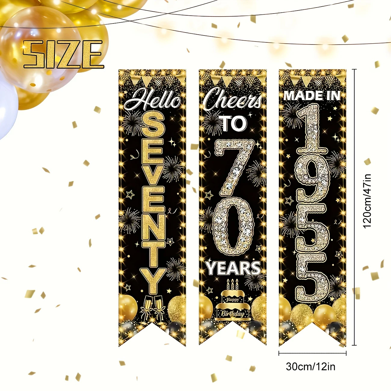 3Pcs 70th Birthday Black Gold Banner, 1955 Milestone Decor, Durable Polyester, Indoor/Outdoor for Door/Garden/Yard