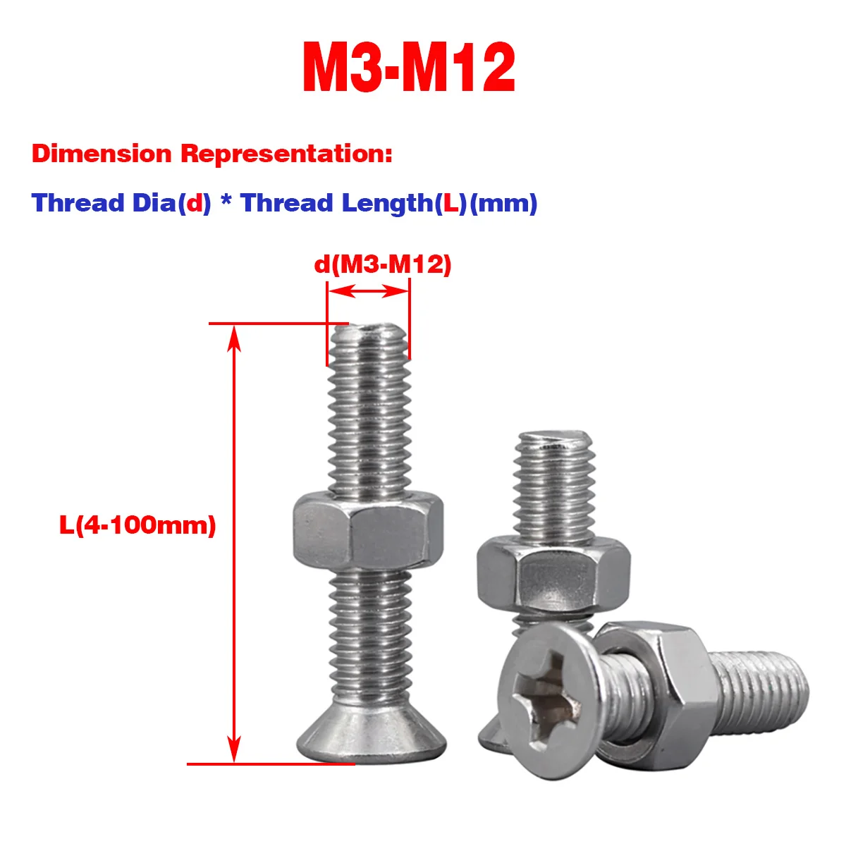 

304 SS Countersunk Head / Flat Head Phillips Screws Nut Combination M3-M12