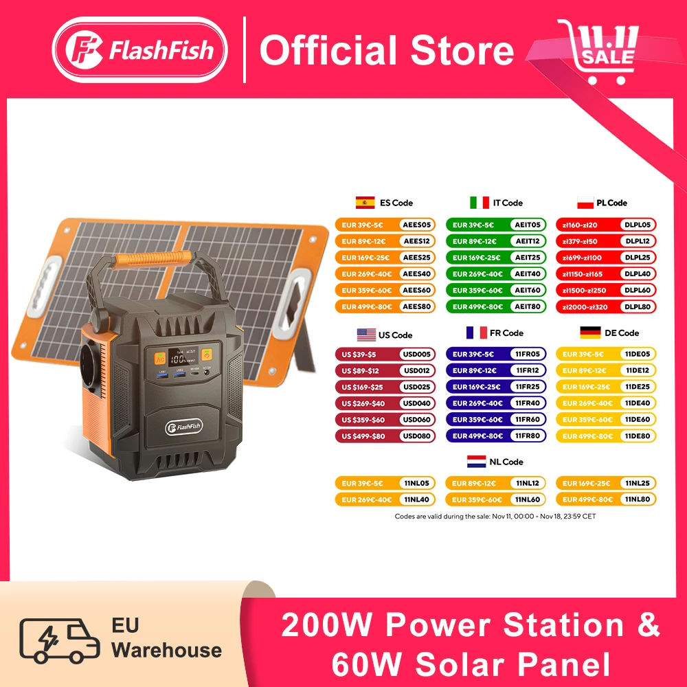 200W Solar Generator 172Wh Lithium Battery 110V 230V Power Station with 18V Portable Solar Panel 60W Batteries Solar Charger