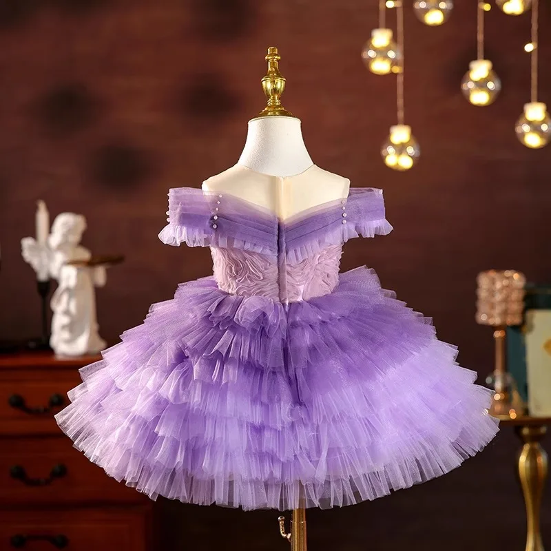 Vestido morado de un hombro para niñas, vestido de boda con flores, vestido de fiesta de princesa para desfile, vestido de boda para niñas con flores ﻿