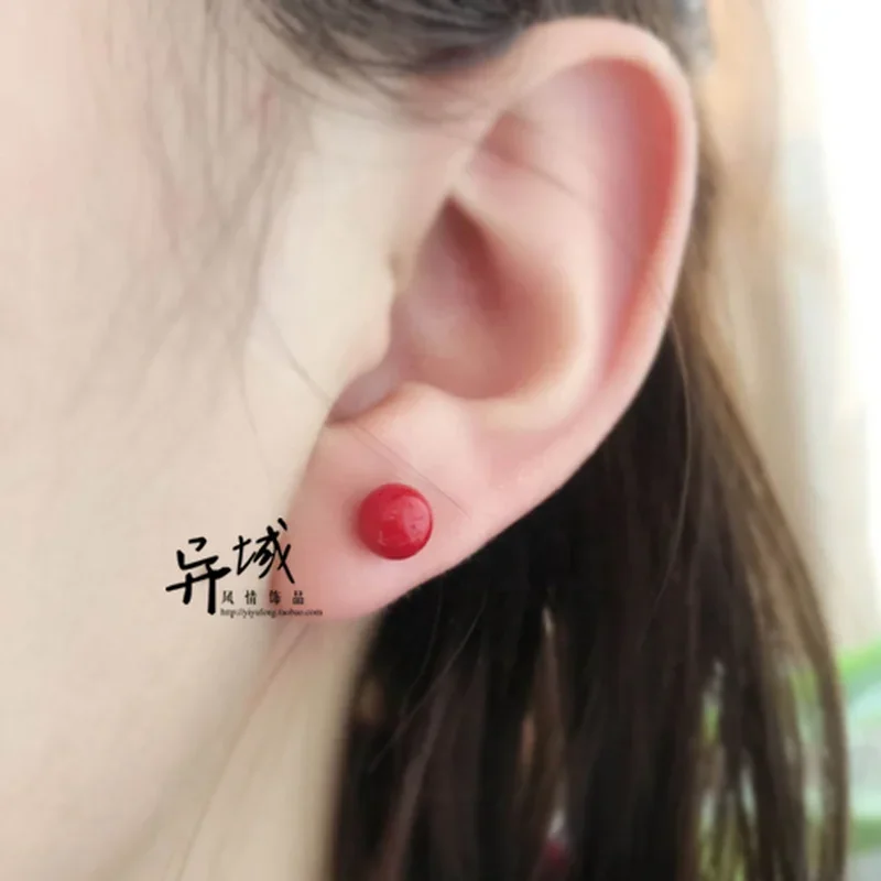 Hot Sale Natural Coral Boho Natural Stone Stud Earrings for Women Jewelry 925 Sterling Silver Simple Round Earrings Cute 6/8mm