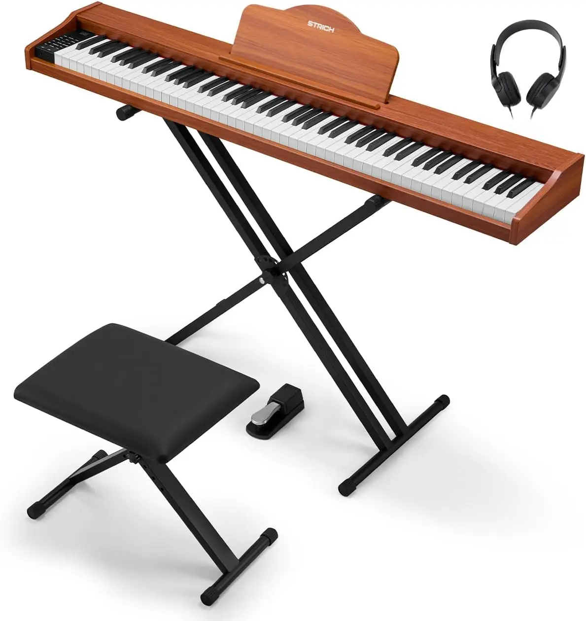Complete 88-Key Digital Piano Package with Full-Size Velocity-Sensitive Keys, Electric Keyboard Setup Including Stand, Bench, Pedal, and Headphones
