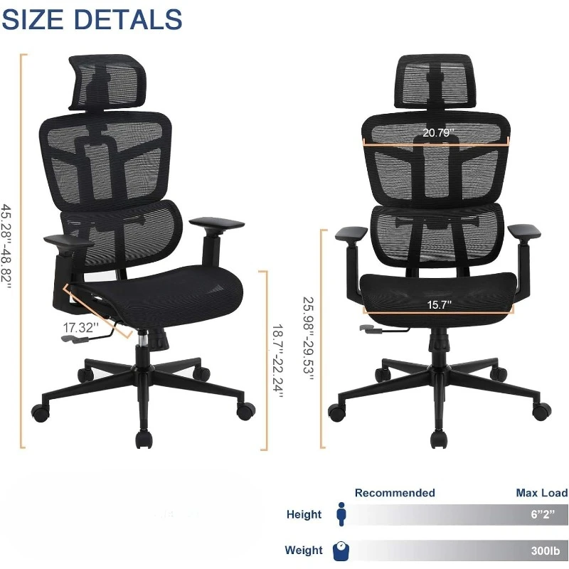 Office Computer Desk Chair,with Wheels, Adjustable 4D Smart Lumbar Support, Armrests, Seat Depth and Headrest