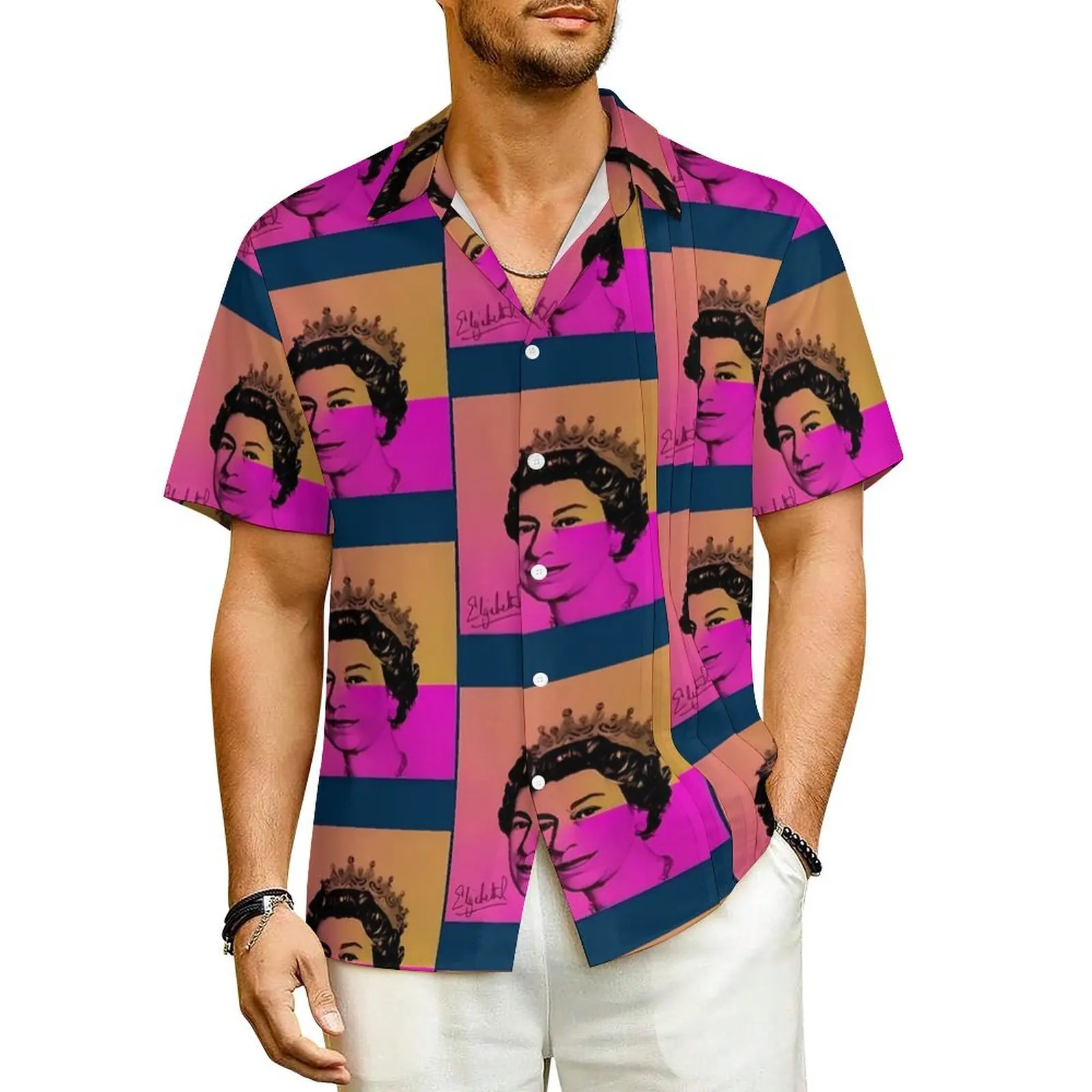 

Hawaiian Shirt Vacation Elizabeth II Pop Art Blouses Queenelizabeth Casual Shirts Men Short Sleeve Streetwear Oversized Top