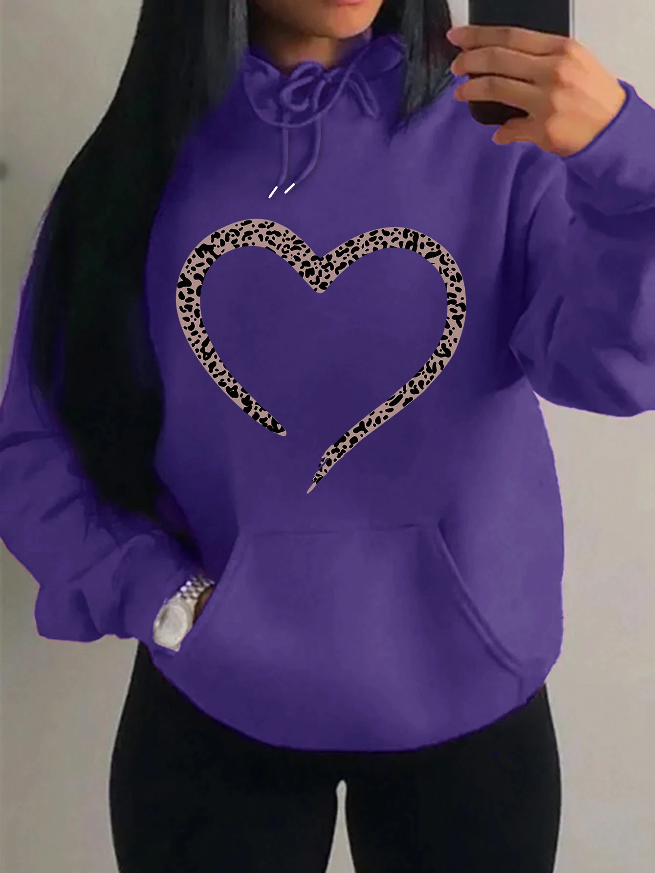 Leopard Print Heart Creative Printing Women Hoody Fashion Multicolor Hoodies Casual Street Pullover Fleece Pocket Female Tops