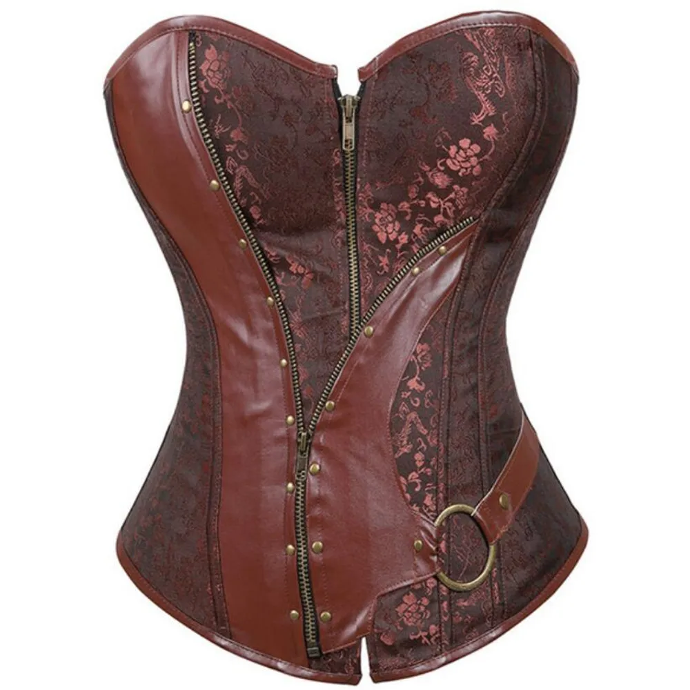 

Women Leather Splicing Corset Steampunk Bustiers Body Shapewear Gothic Flower Print Corsets Vintage Burlesque Corselet Overbust