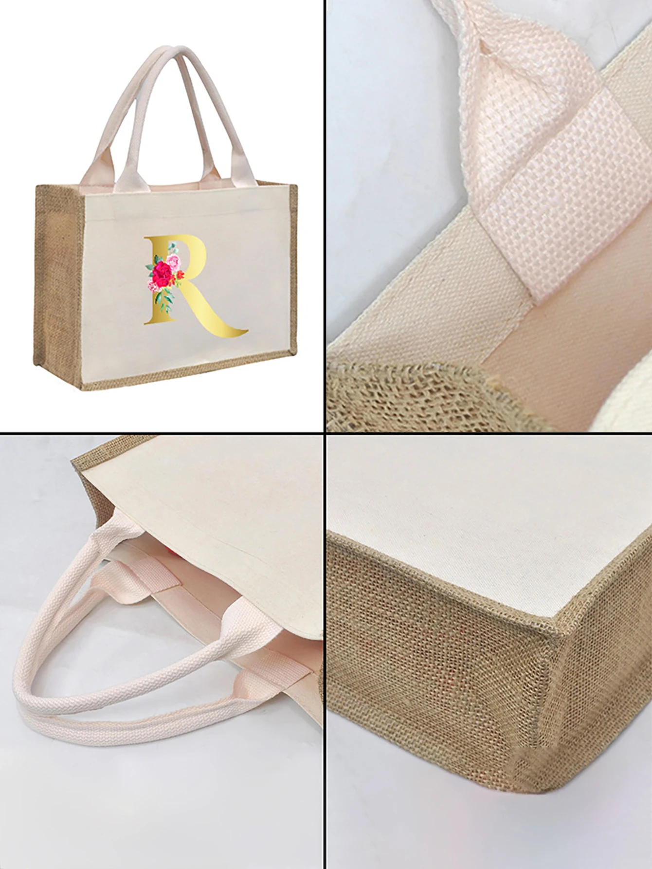 Tote bag shopping bag canvas and jute large capacity simple fashion soft handles golden letters & rose suitable women and men