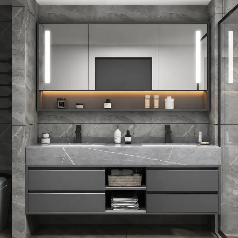 Simple Modern Bathroom Rock Slab Cabinet Combination Washstand Double Basin Vanity Unit