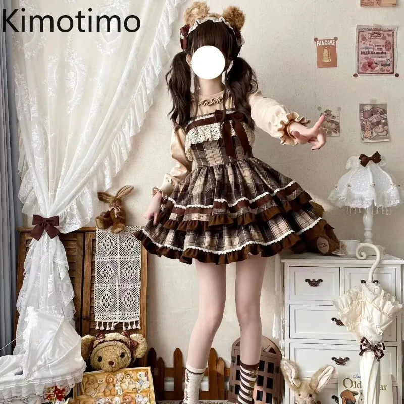 Kimotimo Japanese Kawaii Lolita Jsk Dress Women Sweet Lace Bow Plaid Waist A Line Ruffles Princess Dresses Retro Party Vestidos