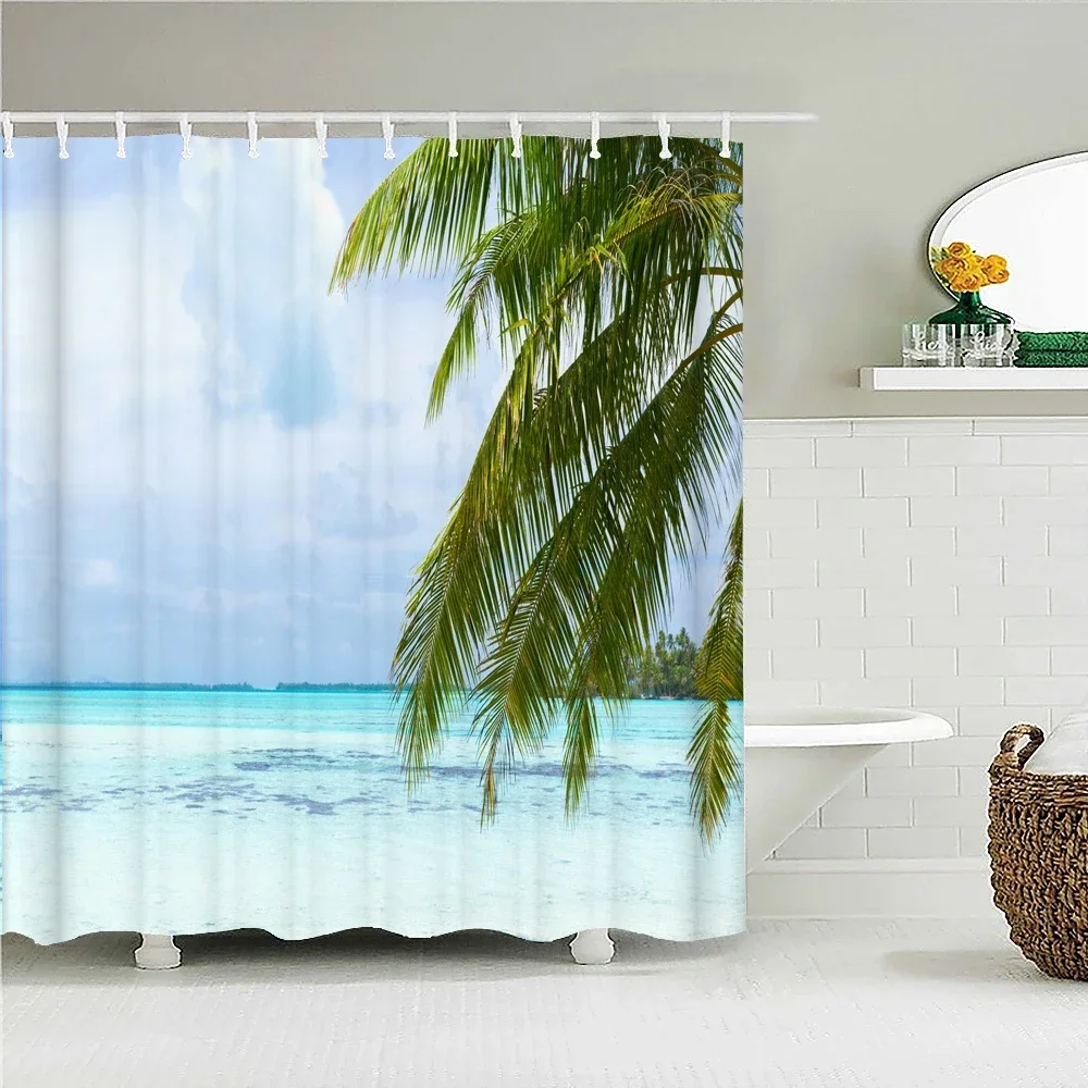 Sunlight Ocean Beach landscape Fabric Shower Curtain Bathroom Curtains Sunset Dusk Sea Animal Dolphin Bath Screen with 12 Hooks